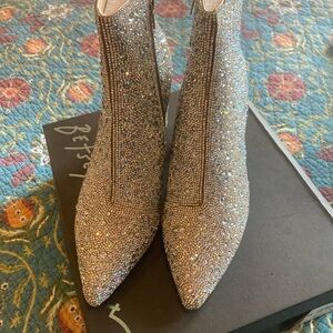 Betsey Johnson Crystal-Embellished Silver Pointed Ankle Boots